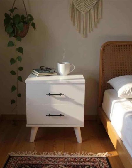 Bohem Siyah Kulplu Başucu Komodini - Beyaz 1