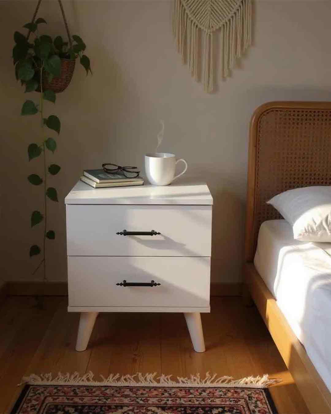 Bohem Siyah Kulplu Başucu Komodini - Beyaz 1