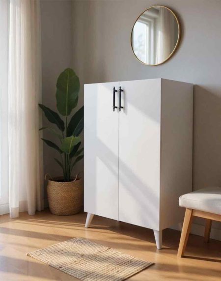 Bohem Siyah Kulplu Çok Amaçlı Dolap - Beyaz (Ayakkabılık Uyumlu) 1