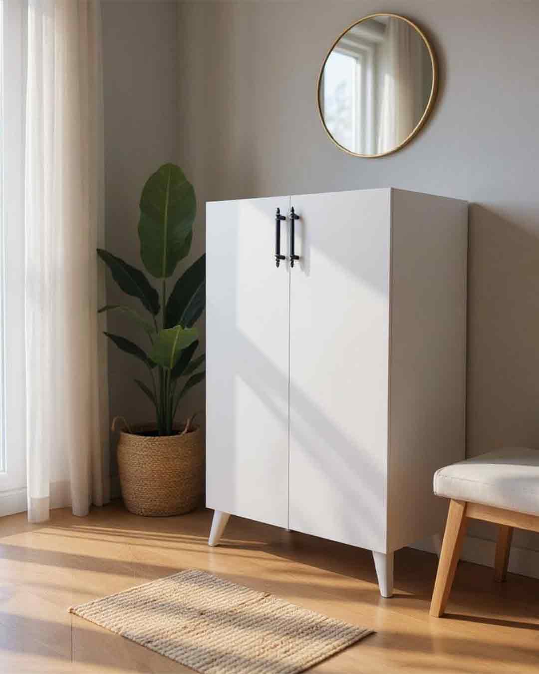 Bohem Siyah Kulplu Çok Amaçlı Dolap - Beyaz (Ayakkabılık Uyumlu) 1