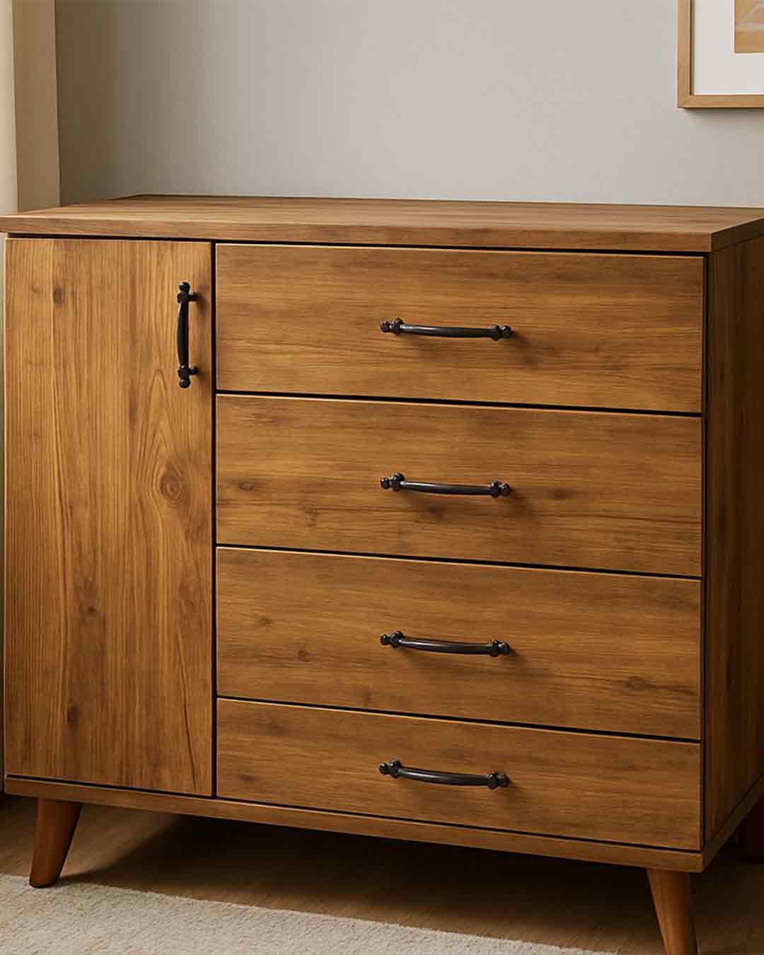 Bohem Siyah Kulplu Çok Amaçlı Şifonyer - Doğal Meşe