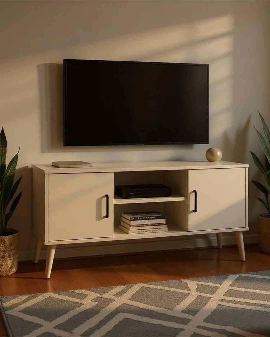 Nordic Siyah Kulplu TV Ünitesi - Krem Beyaz